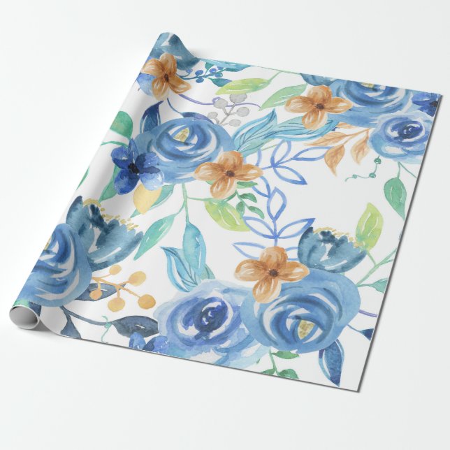 Blaues Blumenmuster, künstlerisches Aquarellbild Geschenkpapier (Ungerollt)