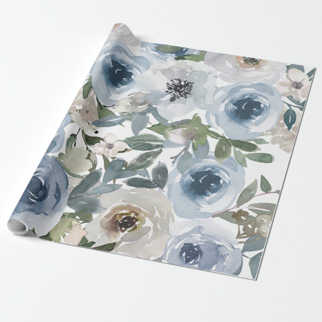Blaues Blumenmuster, künstlerisches Aquarellbild Geschenkpapier (Ungerollt)
