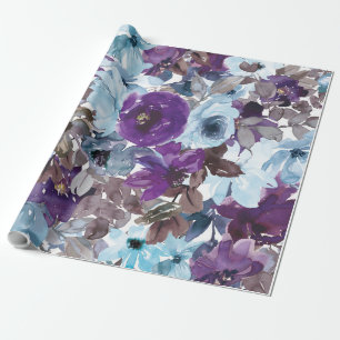 Blaues Blumenmuster, künstlerisches Aquarellbild Geschenkpapier