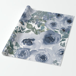 Blaues Blumenmuster, künstlerisches Aquarellbild Geschenkpapier