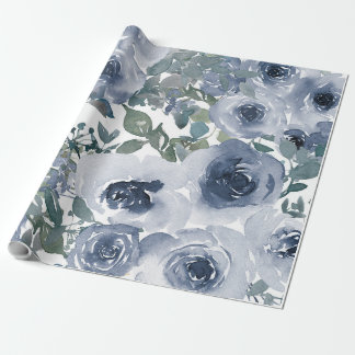 Blaues Blumenmuster, künstlerisches Aquarellbild Geschenkpapier