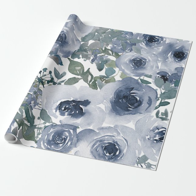 Blaues Blumenmuster, künstlerisches Aquarellbild Geschenkpapier (Ungerollt)