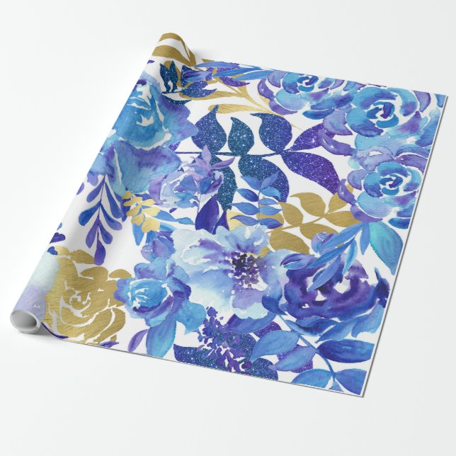 Blaues Blumenmuster, künstlerisches Aquarellbild Geschenkpapier (Ungerollt)