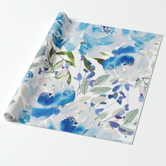 Blaues Blumenmuster, künstlerisches Aquarellbild Geschenkpapier (Ungerollt)
