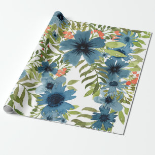 Blaues Blumenmuster, künstlerisches Aquarellbild Geschenkpapier