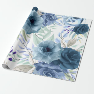 Blaues Blumenmuster, künstlerisches Aquarellbild Geschenkpapier