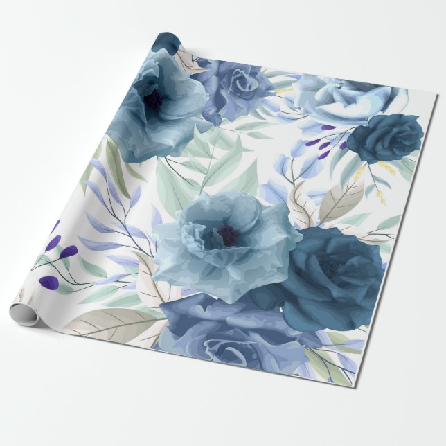 Blaues Blumenmuster, künstlerisches Aquarellbild Geschenkpapier (Ungerollt)
