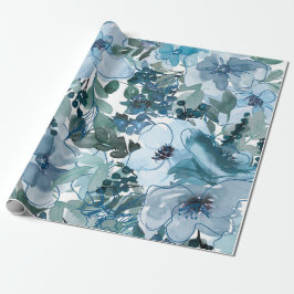 Blaues Blumenmuster, künstlerisches Aquarellbild Geschenkpapier