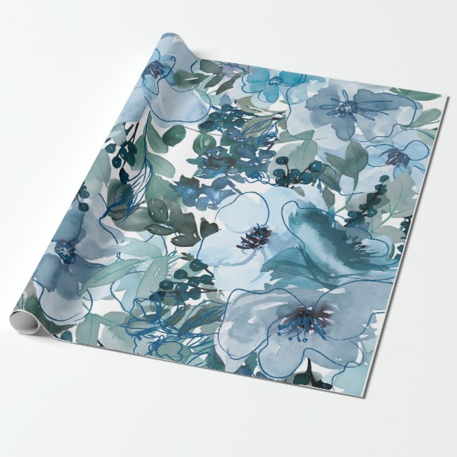Blaues Blumenmuster, künstlerisches Aquarellbild Geschenkpapier (Ungerollt)
