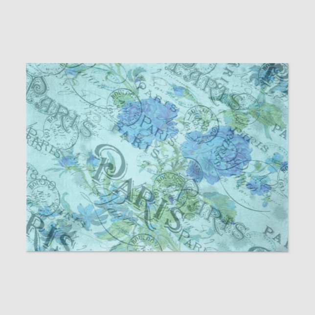 Blaues Blumenmuster mit französischem Pariser Post Seidenpapier (Vorderseite)