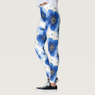 Blaues Blumenmuster mit goldenen Akzenten Leggings