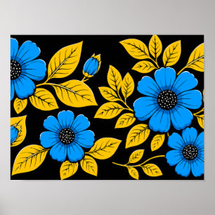 Blaues Blumenmuster mit goldenen Blättern Poster
