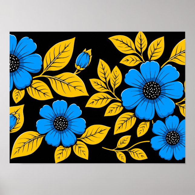 Blaues Blumenmuster mit goldenen Blättern Poster (Vorne)