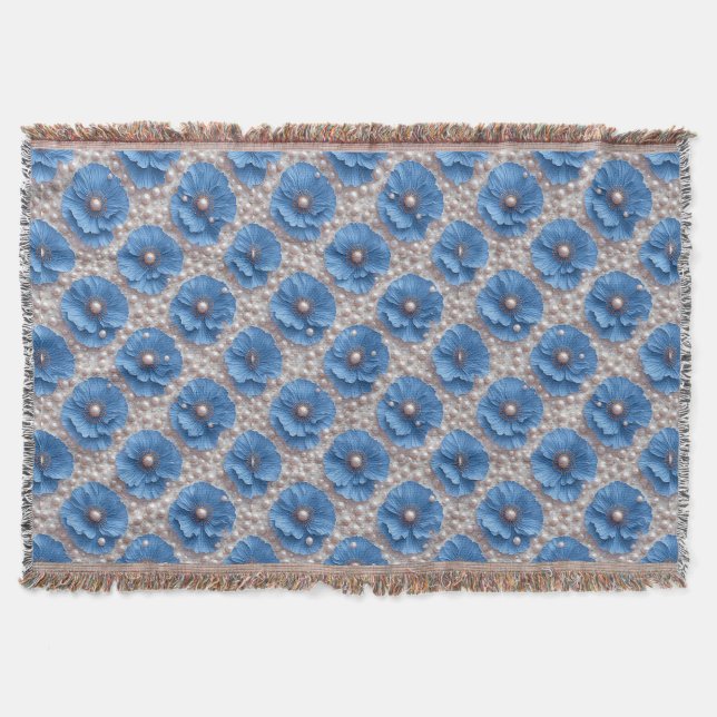 Blaues Blumenmuster mit Perlen Decke (Vorderseite)