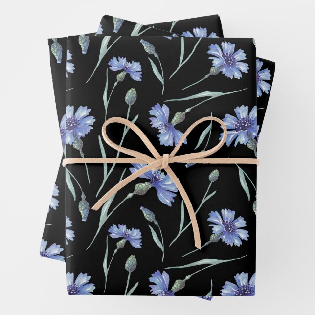 Blaues Blumenmuster Muster Schwarzer Hintergrund Geschenkpapier Set (Beispiel)