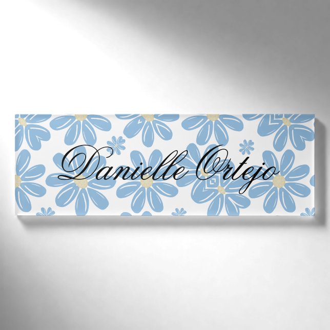 Blaues Blumenmuster - Personalisierte Namensmarke Namenschild (Vorderseite)