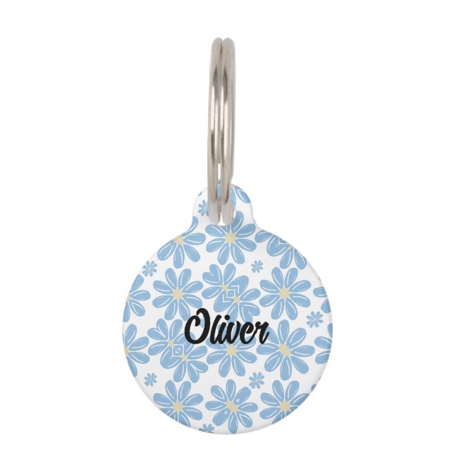 Blaues Blumenmuster - Personalisierte Pet ID-Marki Haustiermarke (Vorderseite)