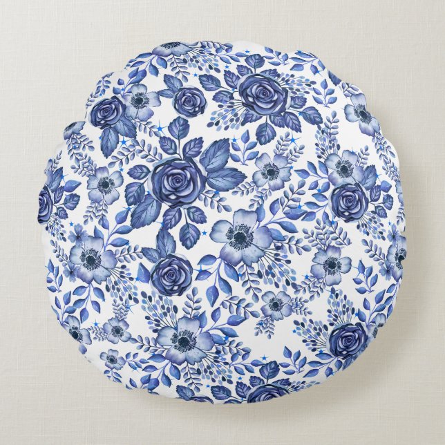 Blaues Blumenmuster Rundes Kissen (Vorderseite)