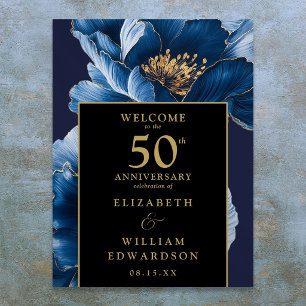 Blaues Blumenmuster Schwarz und Gold 50. Jubiläums Poster