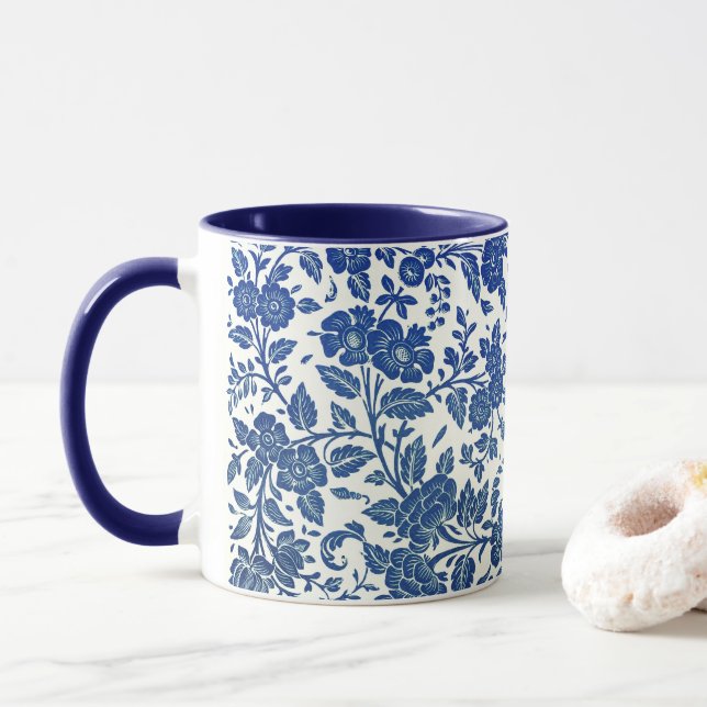 Blaues Blumenmuster Tasse (Mit Donut)