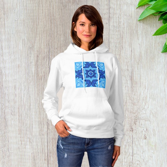 Blaues Blumenmuster Vintages Mittelmeer Hoodie (Von Creator hochgeladen)