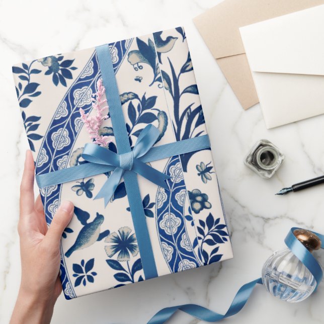 Blaues Blumenmuster - Wrapping Paper Geschenkpapier (Schenken)