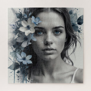 Blaues Blumenportrait einer Frau