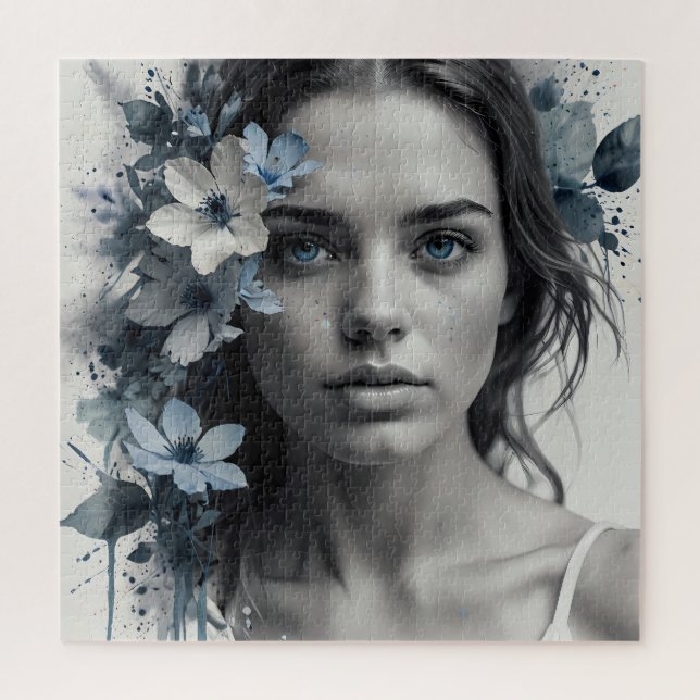 Blaues Blumenportrait einer Frau (Vertikal)