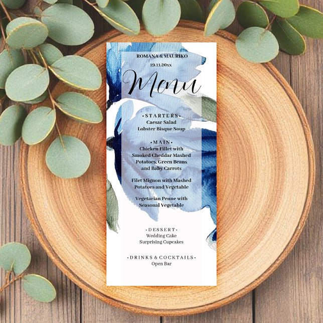 Blaues Blumenwasser handbemalt Menükarte (Von Creator hochgeladen)