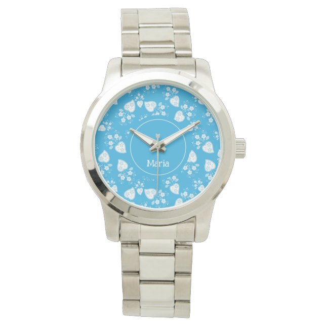 Blaues Blütenherz mit Blume Armbanduhr (Vorderseite)