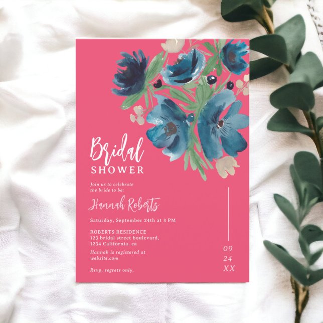 blaues böhmisches Brautparty Einladung (blue bohemian floral watercolor bridal shower invitation on bright pink)