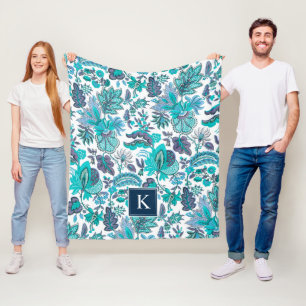 Blaues Boho Vintage Blumenmonogramm Fleecedecke