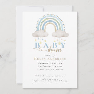 Blaues Boho-Wasserfarben-Regenbogen-Jungen-Baby-Pa Einladung