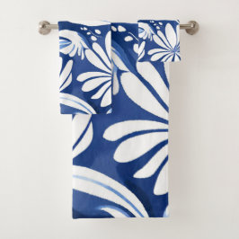 Blaues botanisches Aquarell-Blumenmuster Badhandtuch Set