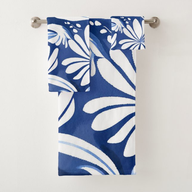Blaues botanisches Aquarell-Blumenmuster Badhandtuch Set (Insitu)
