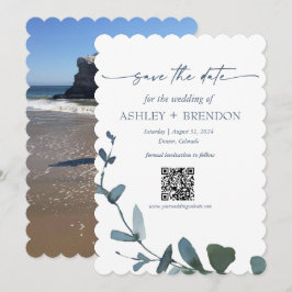 Blaues botanisches Blatt - Save-the-Date mit QR + Einladung