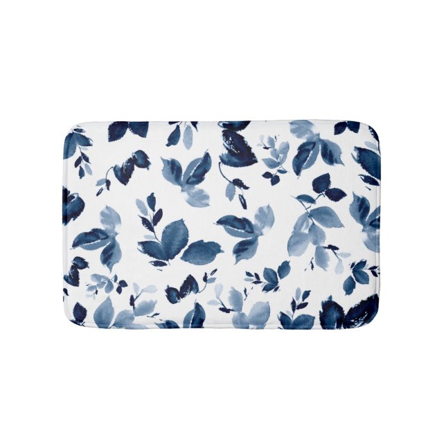 Blaues Botanisches Blumenmuster Badematte (Vorderseite)