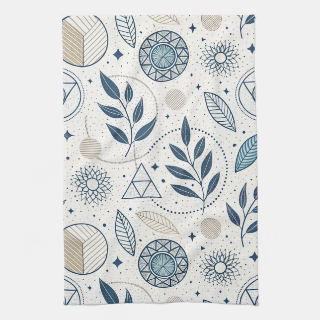 Blaues botanisches geometrisches Doodle Geschirrtuch (Vertikal)