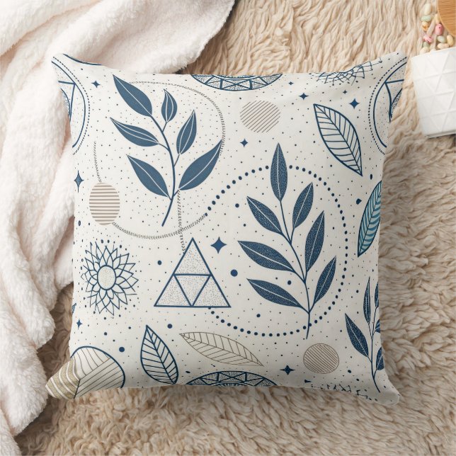 Blaues botanisches geometrisches Doodle Kissen (Decke)