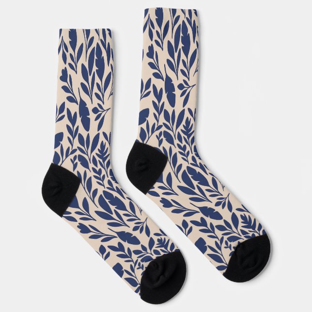Blaues Botanisches Leaf Muster Socken (Rechts)