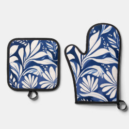 Blaues botanisches Wasserfarben-Blumenmuster Ofenhandschuh & Topflappen-Set