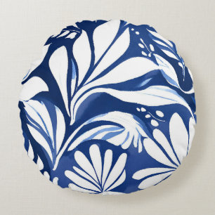 Blaues botanisches Wasserfarben-Blumenmuster Rundes Kissen