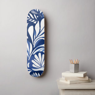 Blaues botanisches Wasserfarben-Blumenmuster Skateboard