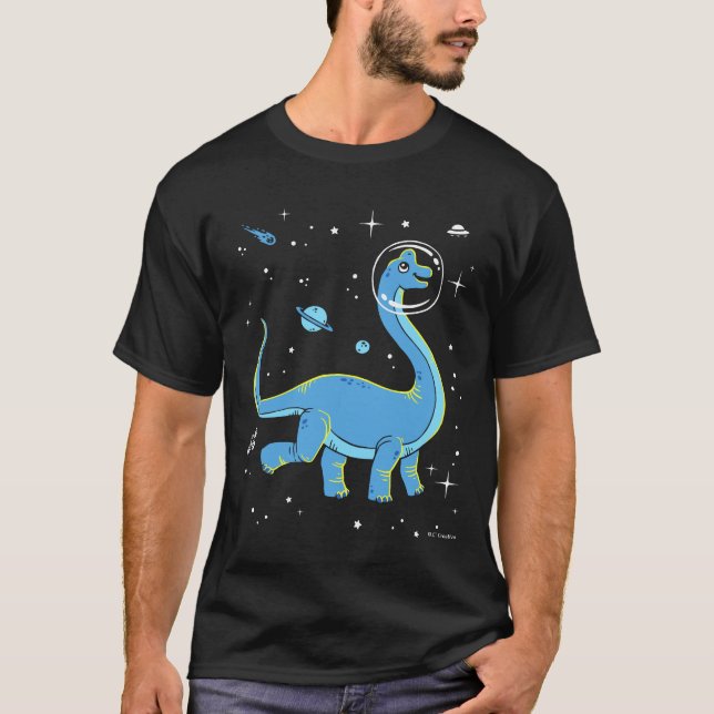 Blaues Brachiosaurus Dinos im Weltraum T-Shirt (Vorderseite)