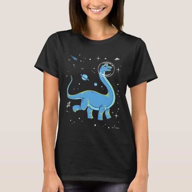 Blaues Brachiosaurus Dinos im Weltraum T-Shirt (Vorderseite)