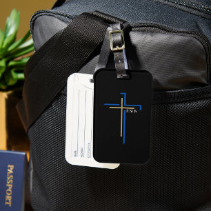 Blaues & braunes dünnes Kreuz mit JESUS Gepäckanhänger