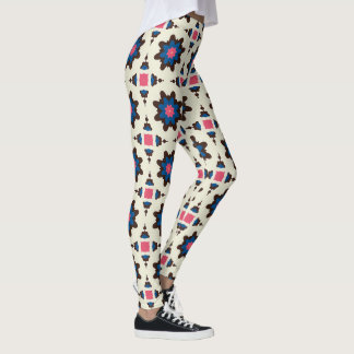 Blaues braunes florales geometrisches Muster Leggings