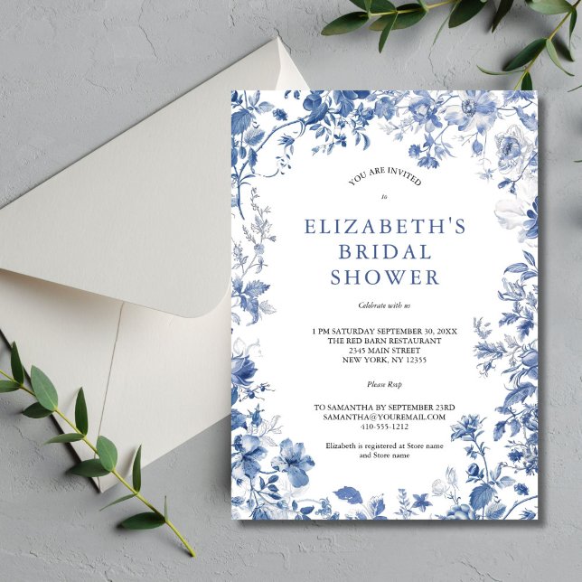 Blaues Brautparty Einladung (Blue white watercolor floral toile Bridal Shower invitation. Printed or Digital Download)