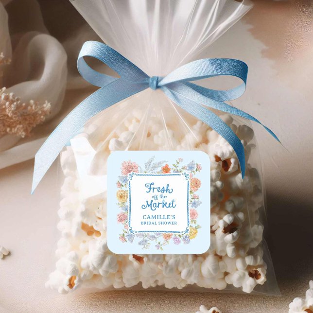 Blaues Brautparty vom Markt Quadratischer Aufkleber (Blue Fresh of the Market bridal shower sticker)