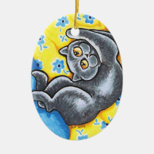 Blaues britisches Shorthair Katzen-Blumen-Bett Keramik Ornament